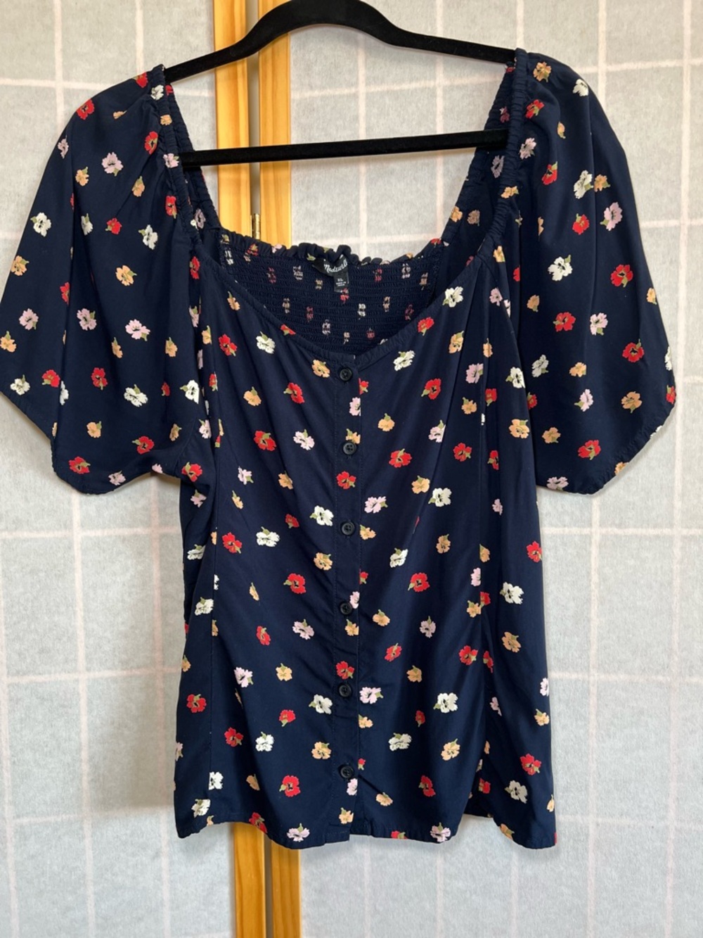 Madewell Floral Smocked Top Navy Puff Sleeve Button Front XL